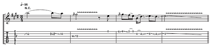 Example 4: "The most beautiful aspect of slide guitar, to me, is the gliss and the vibrato. That is something you really have to master, and the fingerstyle is really important with that." Make sure you use fingerguarding and trailing fingers to keep the open strings muted in this example.