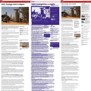 Live site with single column design (left); staging server with two-column design (right); visual differences documented by automated testing (centre)