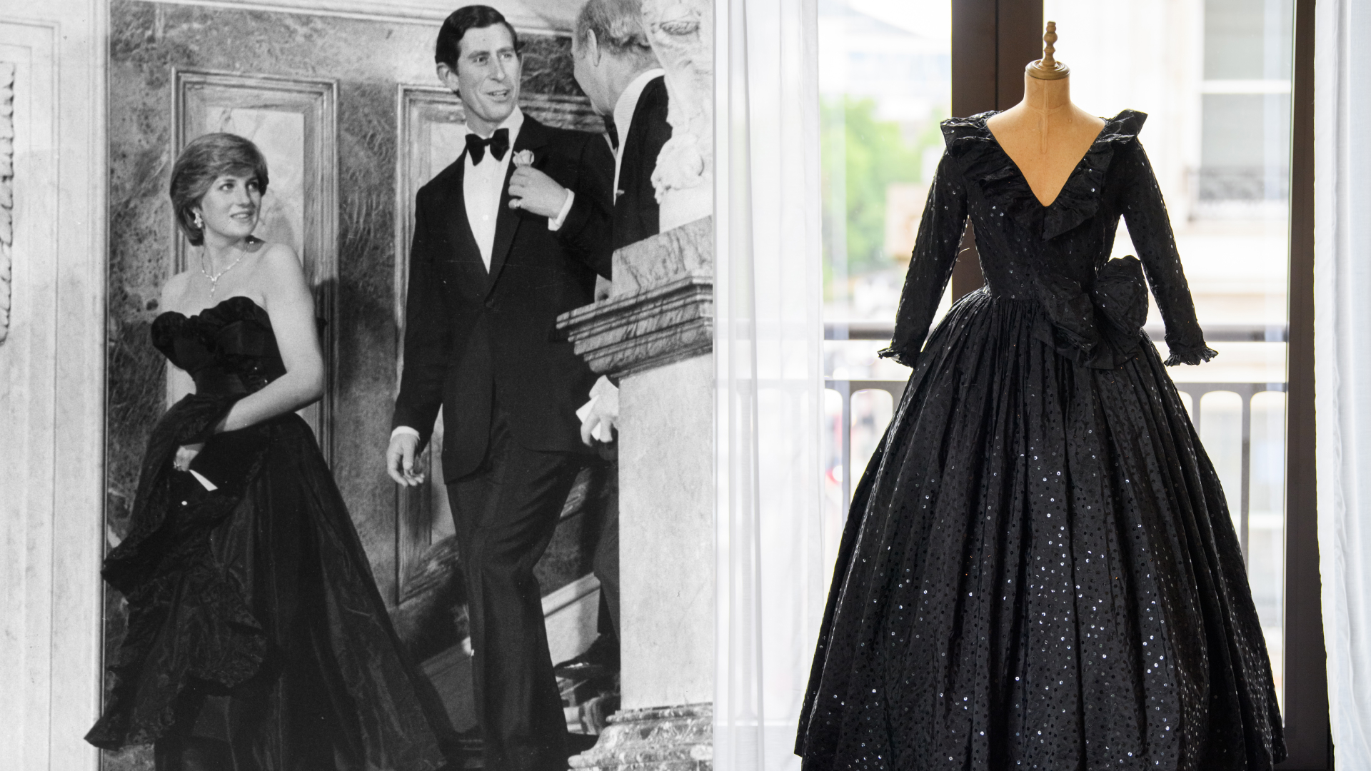Princess Diana and Prince Charles wearing a tux and black gown next to a photo of a black sequined dress on a mannequin