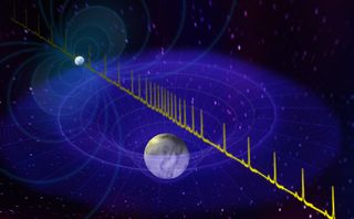 This illustration shows how the pulse from the massive neutron star J0740+6620 was delayed by a white dwarf star passing in between the neutron star and Earth.
