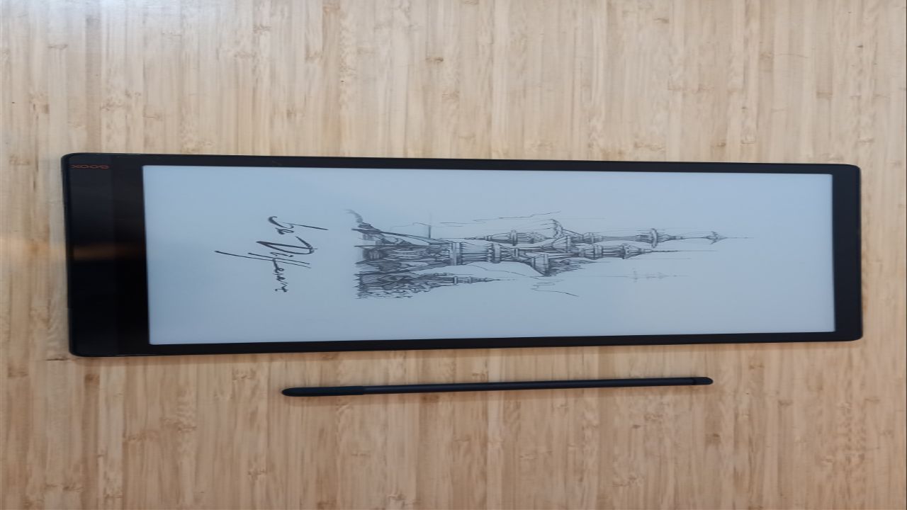 Onyx Boox Tab X with drawing of sail ship on screen