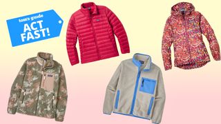 A selection of jackets on sale at REI on a colorful background.