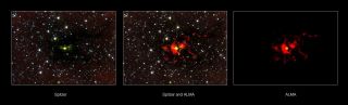 This composite shows the region around the massive star-forming region SDC 335.579-0.292 seen using NASA’s Spitzer Space Telescope and ALMA. Image released July 10, 2013.