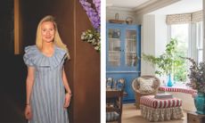 Left: Sarah Southwell stands in a light blue ruffled dress against a metallic bronze wall.Right: A wide shot of a bright dining area showcasing her signature use of bold color, pattern-clashing textiles, and classic wicker furniture.