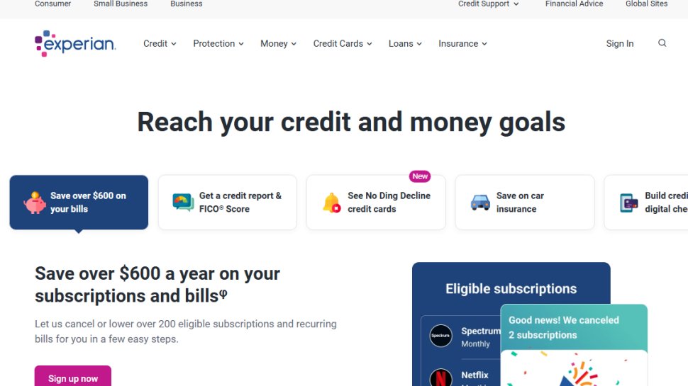 Website screenshot of Experian (August, 2025)