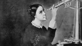 Painting of Maria Mitchell sitting and looking through a telescope.