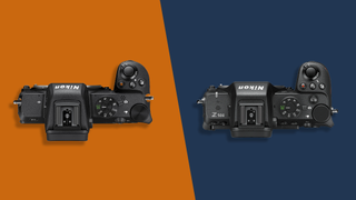 Graphic showing the Nikon Z50 and Z50 II cameras side-by-side, from the top down