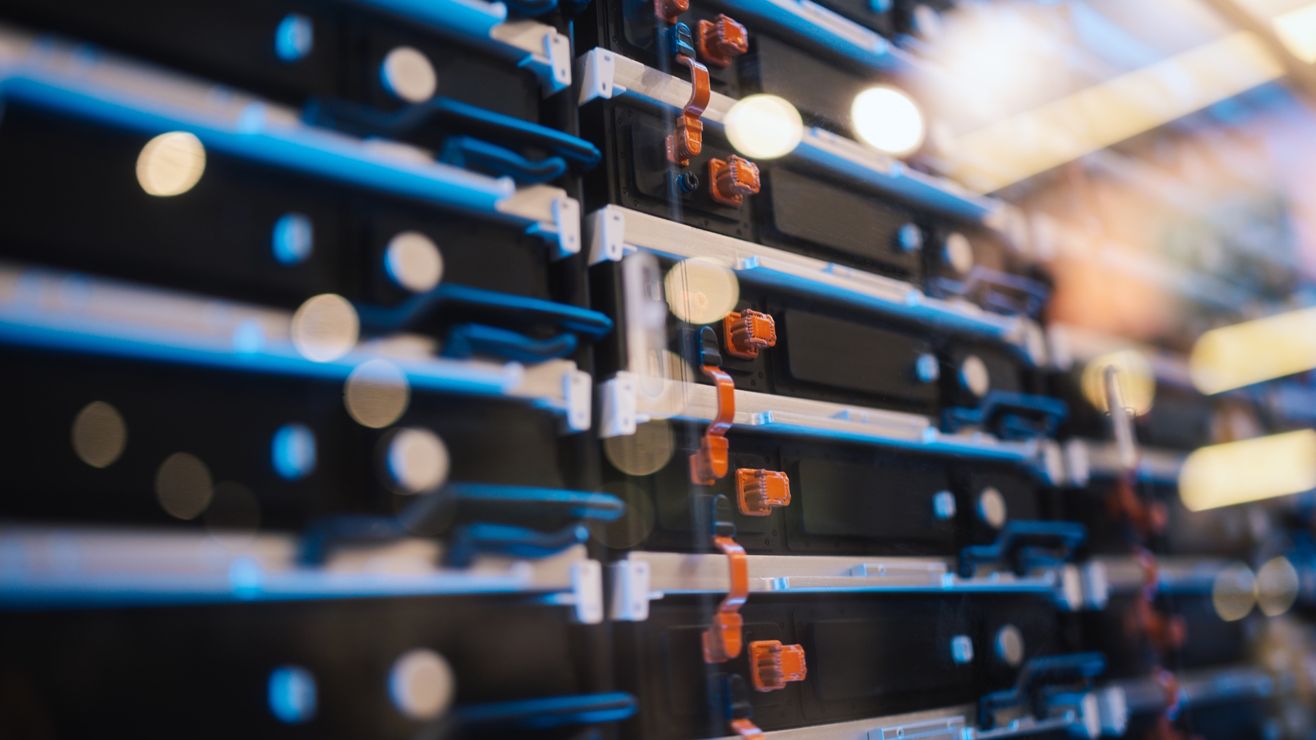 Close-up of advanced data center equipment with energy storage and cooling technology.
