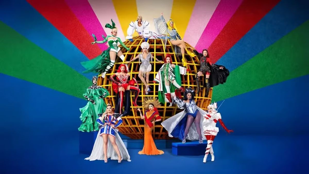 The cast of &quot;Ru Paul&#039;s Drag Race Global All Stars&quot; on and around a globe shape in front of a rainbow background