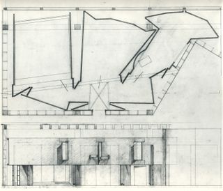 A pencil sketch by Umberto Riva for an exhibition at Milan Triennale