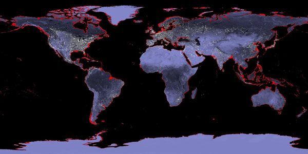 Earth with a sea level rise of 6 meters (20 feet). Imagine a possible future rise of 70 feet. 