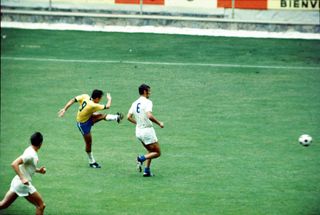 Brazil's Tostao takes a shot against Czechoslovakia at the 1970 World Cup.