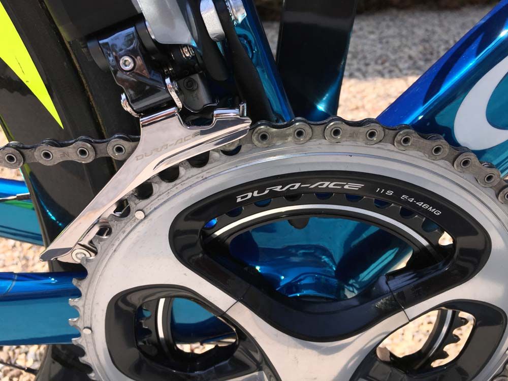 The Shimano chainset is fitted with 54 and 46 chainrings