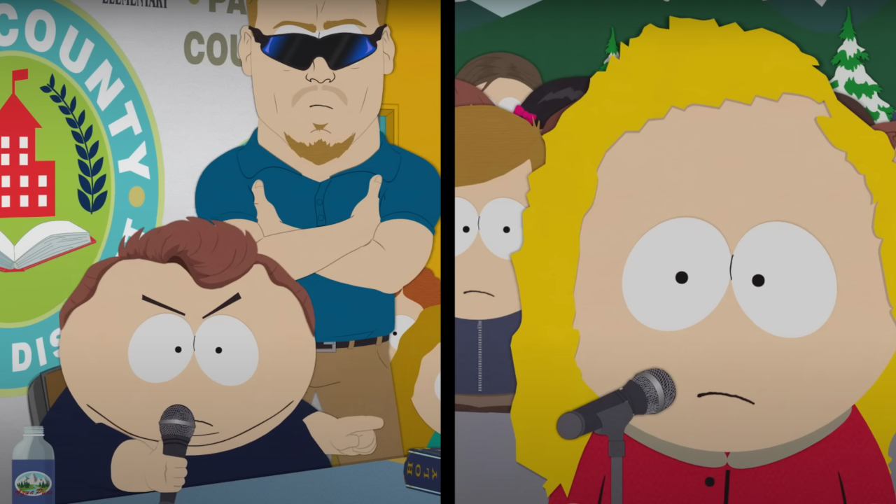 Cartman berates Bebe in a split screen debate, in South Park - S27, E2.
