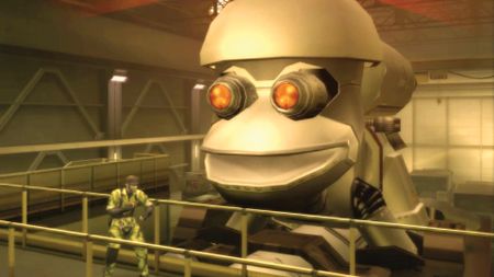 Snake stands next to a giant ape mech in the Mesal Gear Solid crossover between Metal Gear Solid 3 and Ape Escape