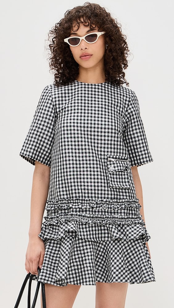 Ganni Crinkled Taffeta Check Open Back Mini Dress