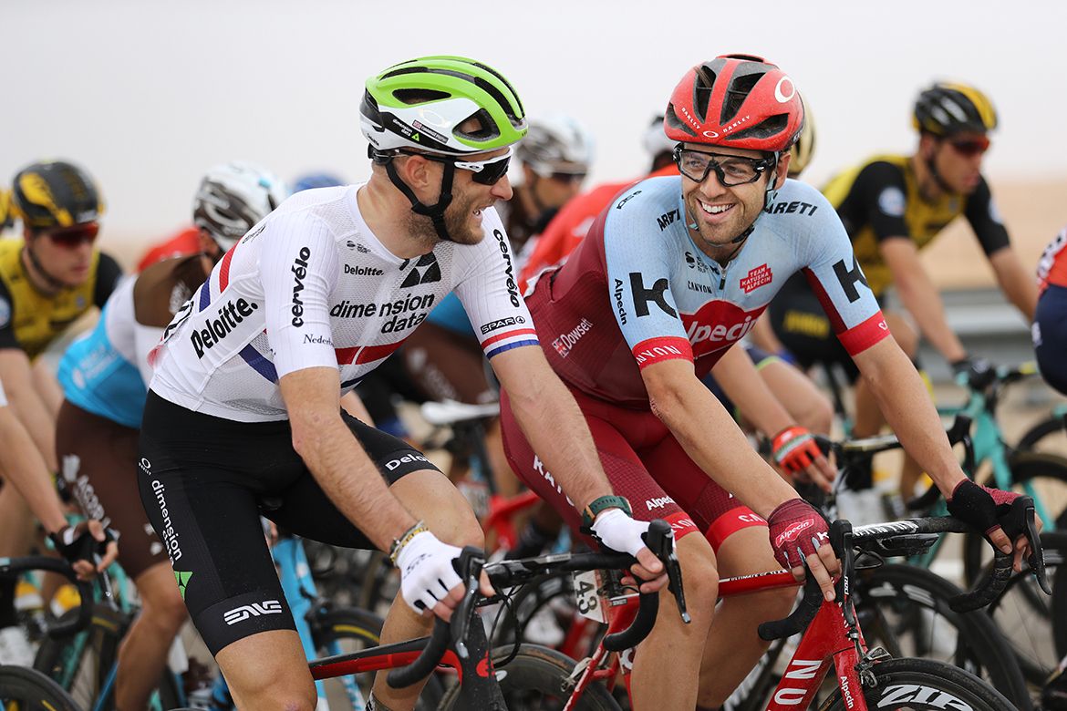 Steve Cummings (Dimension Data) and Alex Dowsett (Katusha-Alpecin) chat mid-stage