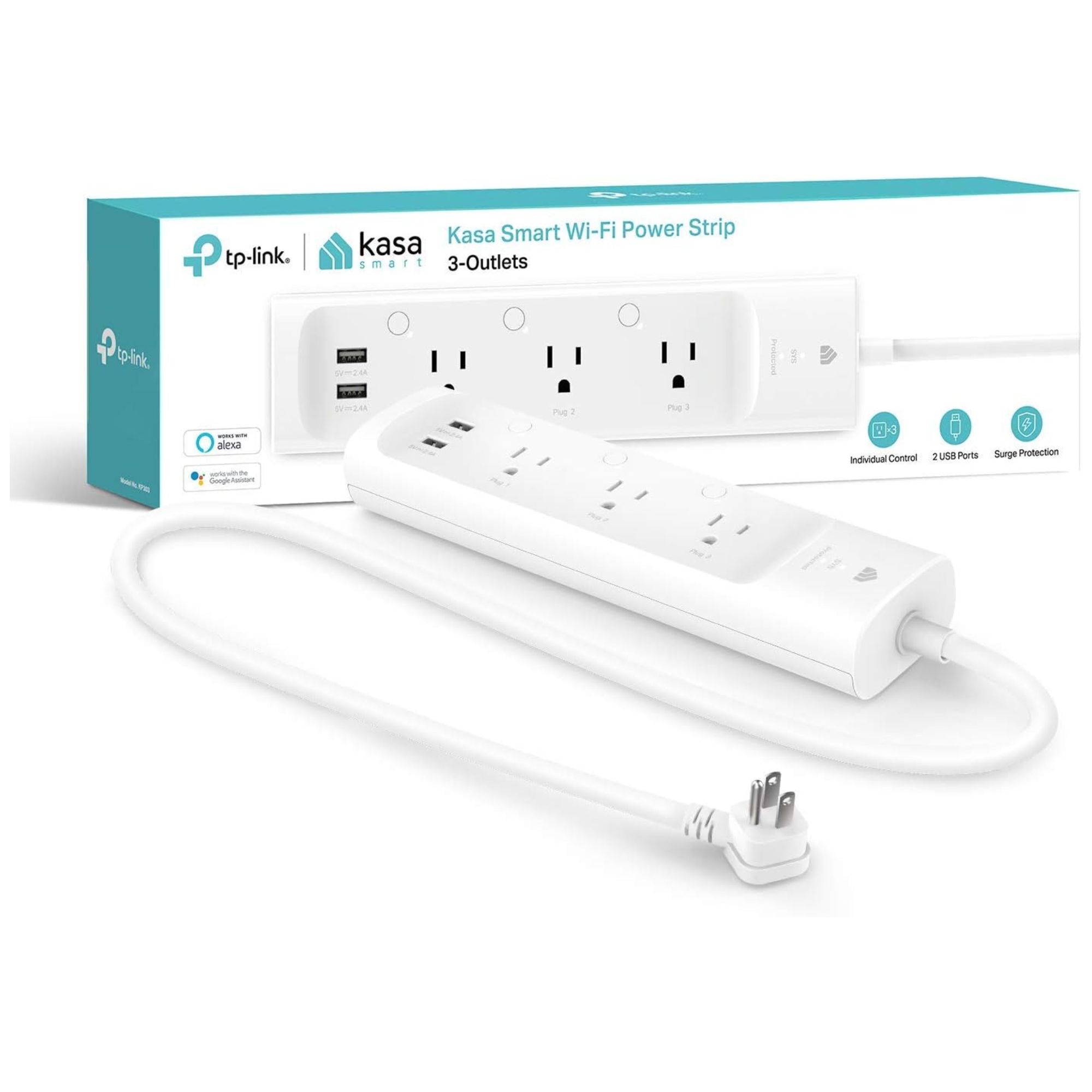 White smart wifi power strip with a white and blue cardboard packaging box