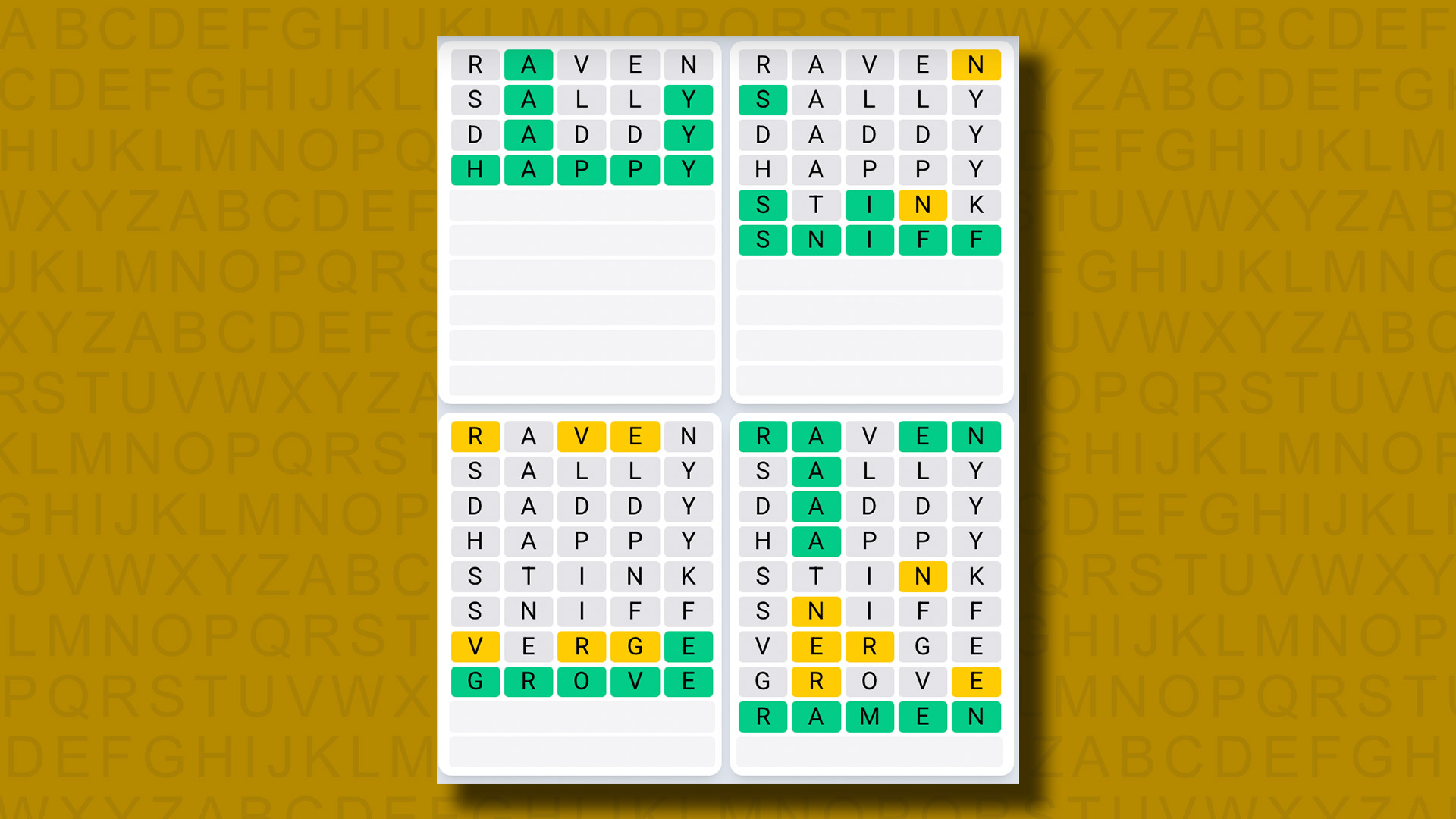 Quordle Daily Sequence answers for game 1207 on a yellow background