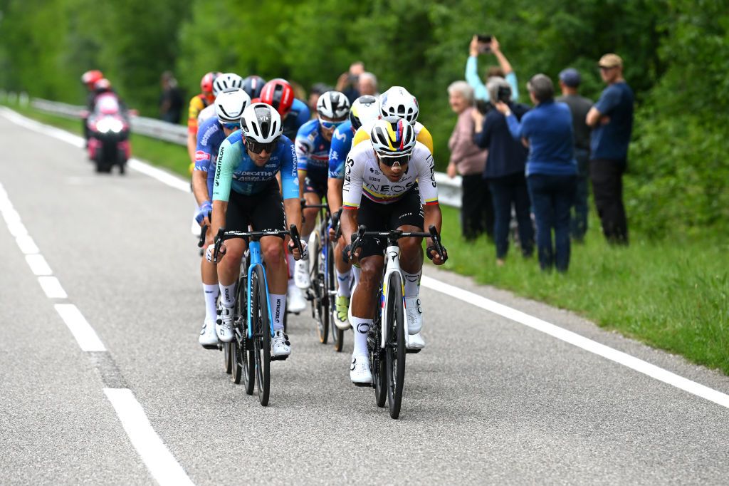 SAPPADA ITALY MAY 24 LR Andrea Vendrame of Italy and Decathlon AG2R La Mondiale Team and Jhonatan Narvaez of Ecuador and Team INEOS Grenadiers compete in the breakaway during the 107th Giro dItalia 2024 Stage 19 a 157km stage from Mortegliano to Sappada 1236m UCIWT on May 24 2024 in Sappada Italy Photo by Dario BelingheriGetty Images