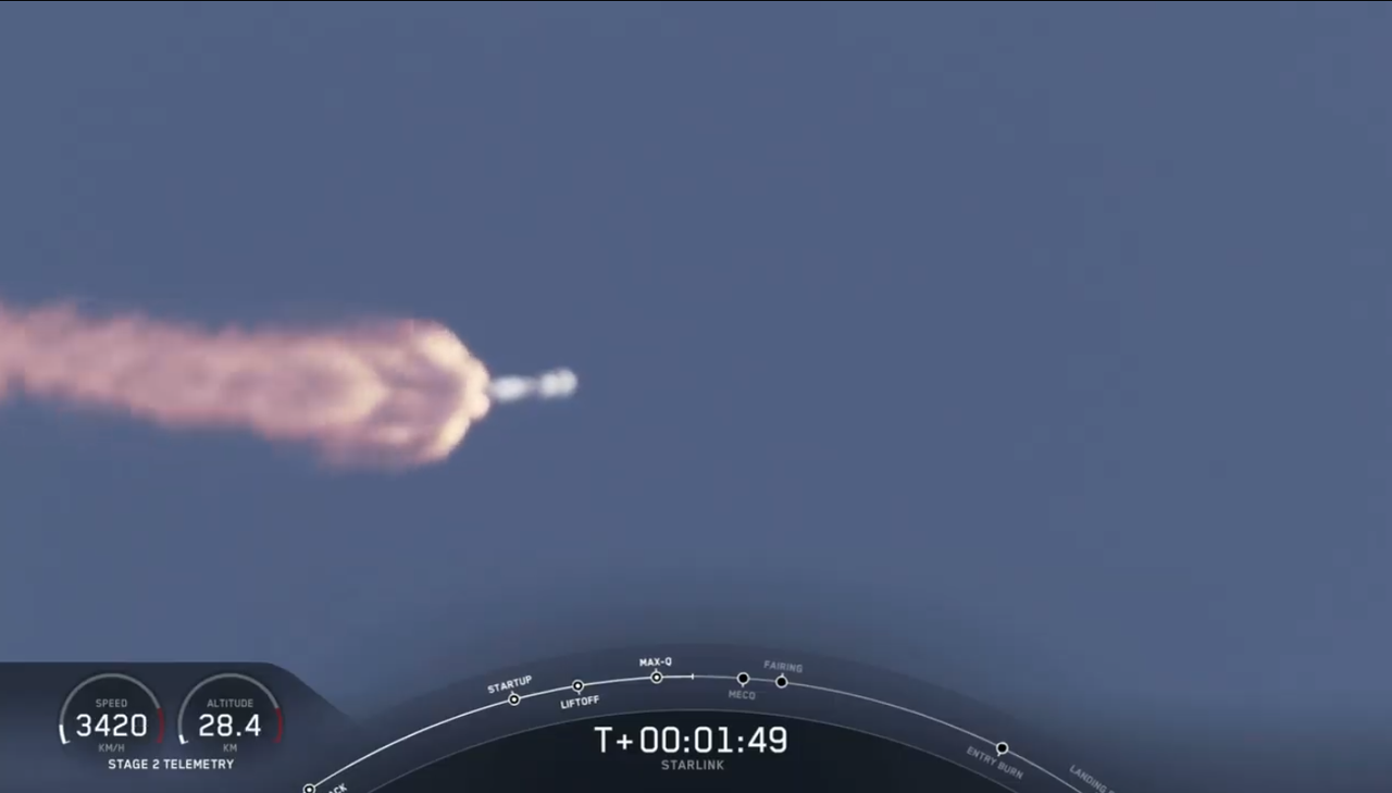 A SpaceX Falcon 9 rocket carrying 60 Starlink satellites blasts toward space on Sept. 3, 2020.