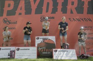 The women's podium at Stetina's Paydirt 2024, a gravel event in the Pine Nut Mountains