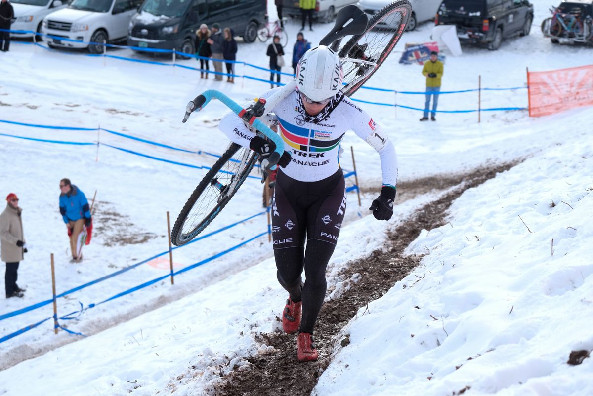 Katie Compton (Trek-Panache) alone on the ridge climb