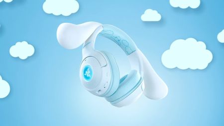 Official Razer marketing image of the Cinnamoroll Edition Razer Kraken Kitty V2 BT headset, with a cloudy sky background.