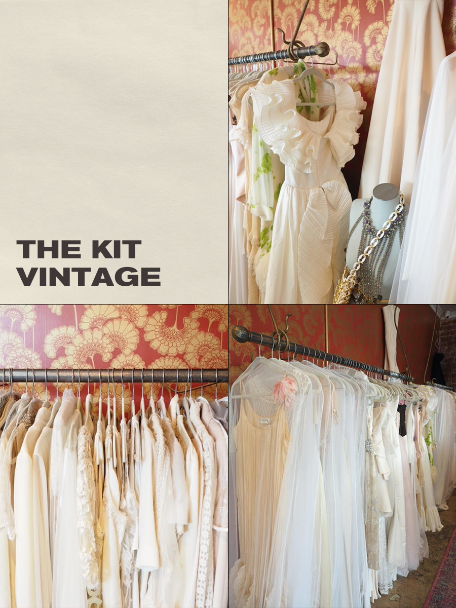 Various white vintage wedding dresses.