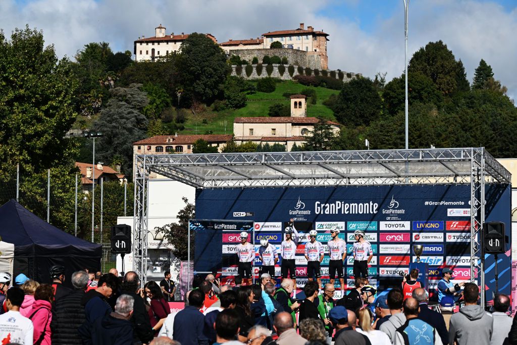 VALDENGO ITALY OCTOBER 10 A general view of Diego Ulissi of Italy Filippo Baroncini of Italy Sjoerd Bax of The Netherlands Jan Christen of Switzerland Alessandro Covi of Italy Luca Giaimi of Italy and UAE Team Emirates prior to the 108th Gran Piemonte 2024 a 182km one day race from Valdengo to Borgomanero on October 10 2024 in Valdengo Italy Photo by Tim de WaeleGetty Images