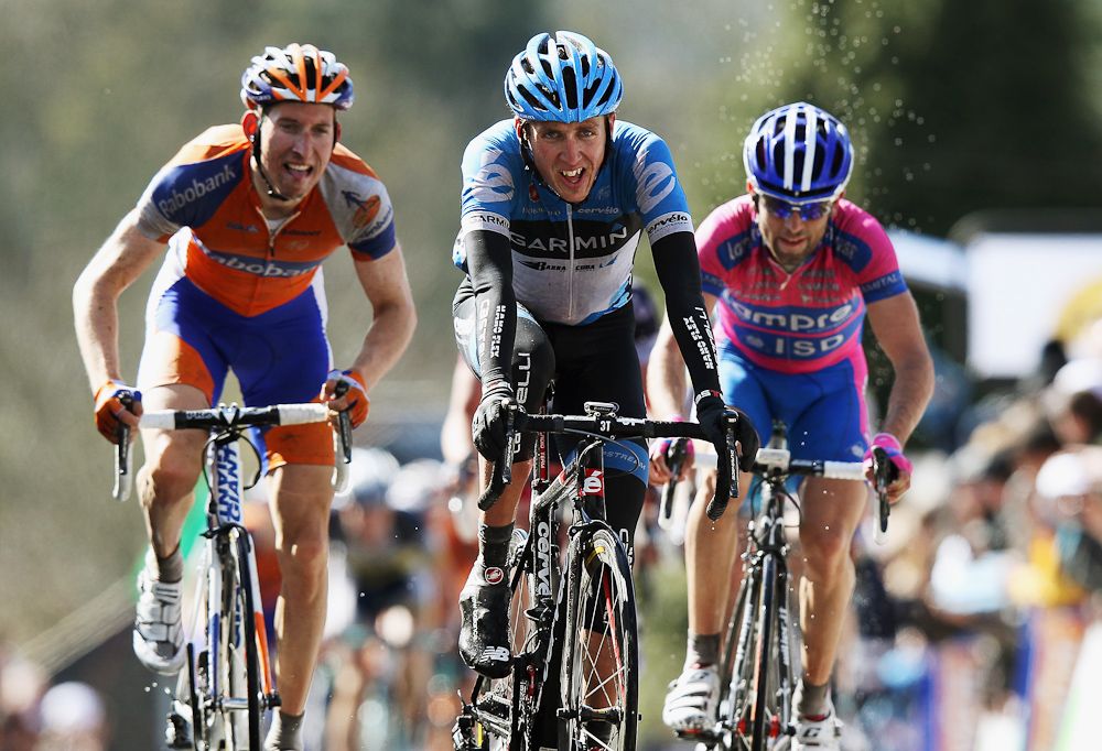 Dan Martin (Garmin - Barracuda) crosses the finish line to take 6th place during the 76th La Fleche Wallonne in 2012.