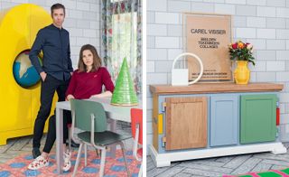 Two images: Left- Job Smeets and Nynke Tynagel with their 2014 ‘Globe’ cabinet, Right- A coloured unit with a vase