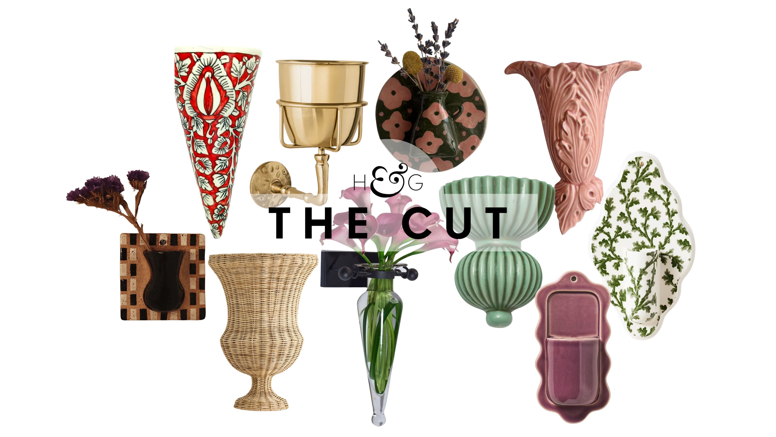 Wall vases, featuring styles ranging from botanical patterns to squiggles, pictured against a white background