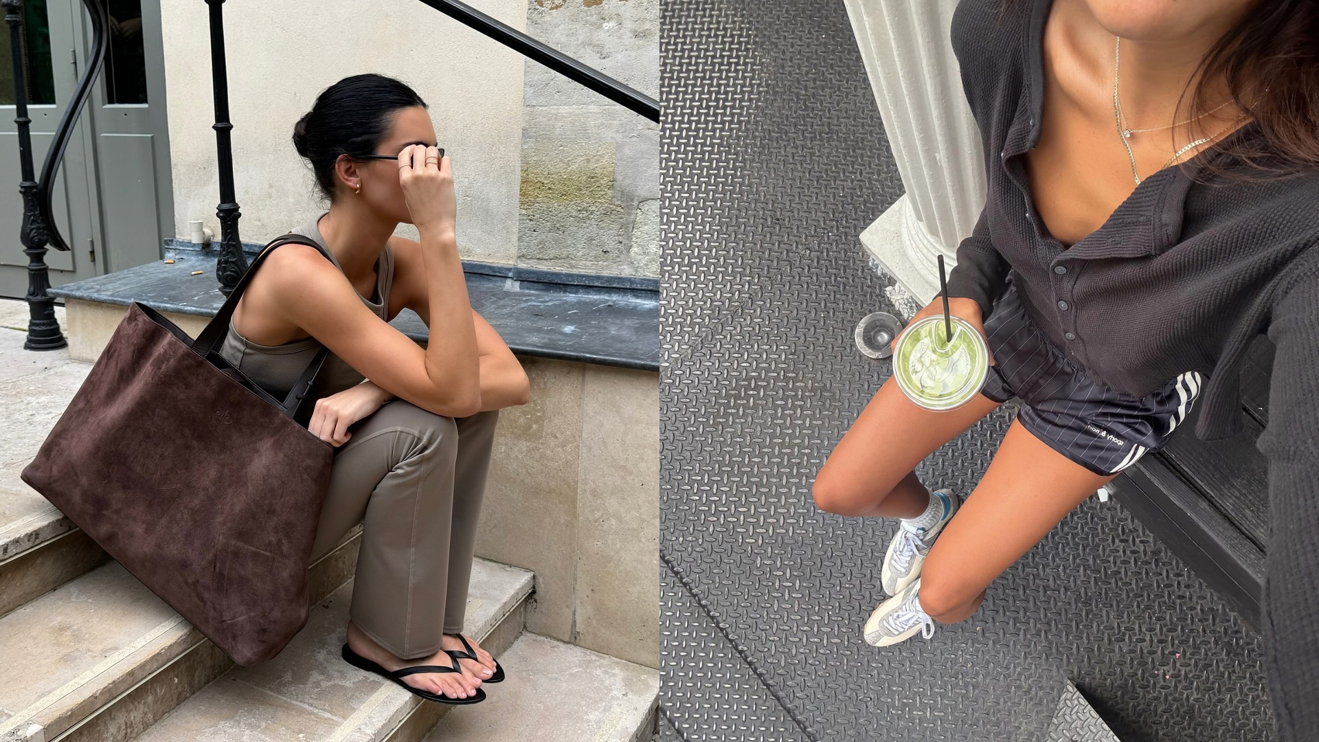 Photo of two women wearing workout clothes sitting on steps outside 