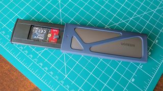 A PNY M.2 2230 SSD inside a UGREEN SSD Enclosure.