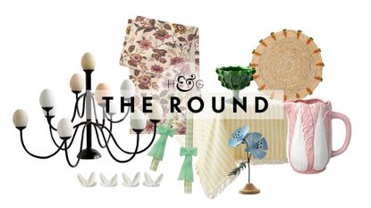 Easter table decor &ndash; including an iron egg candelabra, floral table runner, bunny ear napkin ring set, gingham-and-bow wax taper candles, lettuce-inspired footed bowl, yellow striped tablecloth, iron flower figurine, woven placemat, and pink ceramic pitcher &ndash; pictured against a white background