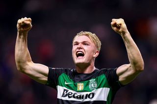 Conrad Harder of Sporting Clube de Portugal celebrates after scoring his team's third goal during the Liga Portugal Betclic match between Sporting Clube de Braga and Sporting Clube de Portugal at Estadio Municipal de Braga on November 10, 2024 in Braga, Portugal.