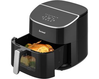 Larinest Air Fryer from Amazon with its tray open and a roasted chicken visible. The drawer has a looking window