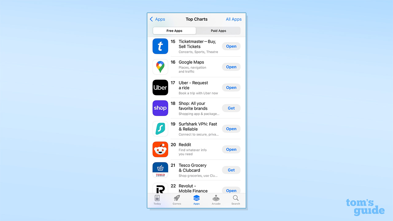 Screenshot of #15 to #22 of the most popular free apps on the UK App Store