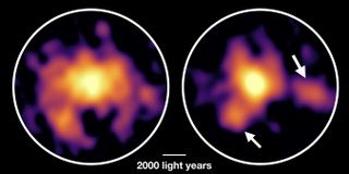 The Atacama Large Millimeter/submillimeter Array (ALMA) observatory in Chile provided these new views of the monster galaxy COSMOS-AzTEC-1 — on the left, you can see the distribution of molecular gas, and on the right, you can see the distribution of dust. Those high-density zones are the key areas for the galaxy's rapid star formation.