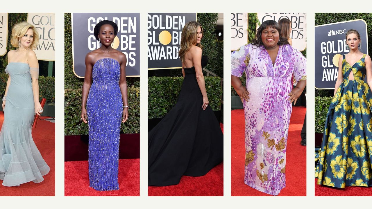 Drew Barrymore, Lupita Nyong&#039;o, Jennifer Aniston, Gabourey Sidibe, Taylor Swift on the golden globes red carpet in various different years wearing the best golden globes dresses