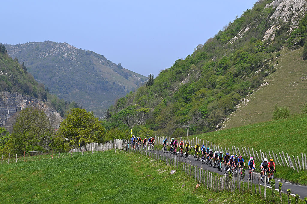 EIBAR, SPAIN - APRIL 10: A general view of the breakaway competing during the 65th Itzulia Basque Country 2026, Stage 5 a 176.2km stage from Eibar to Eibar / #UCIWT / on April 10, 2026 in Eibar, Spain. (Photo by Tim de Waele/Getty Images)