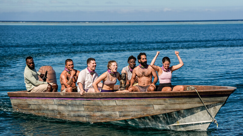 Joe Hunter, Thomas Krottinger, Eva Erickson, Star Toomey, Shauhin Davari, and Bianca Roses on a boat in “Humble Traits”, episode 2 of Survivor 48