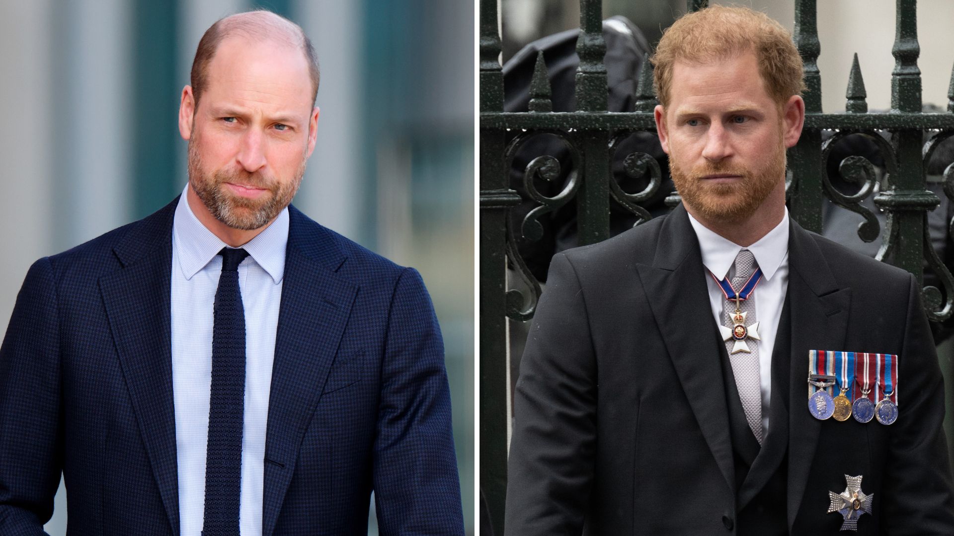 A composite of a picture of Prince William in 2026 and a picture of Prince Harry in 2023