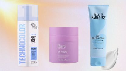 bondi sands technicolour sapphire tan, isle of paradise gradual tan and bare by vogue overnight tan, all pictured on a holographic hazy sunshine backdrop