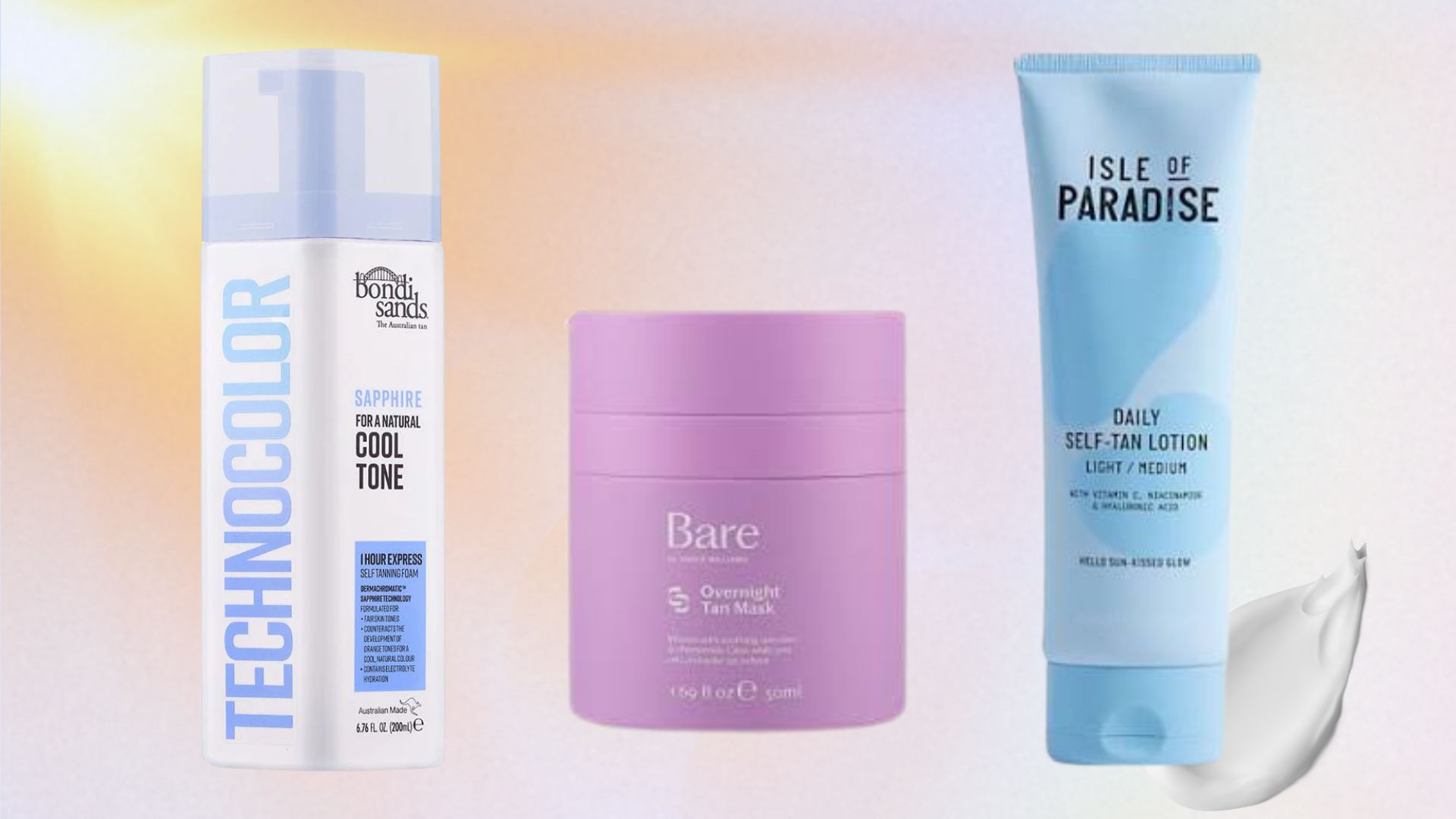 bondi sands technicolour sapphire tan, isle of paradise gradual tan and bare by vogue overnight tan, all pictured on a holographic hazy sunshine backdrop
