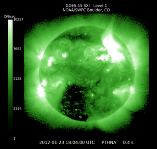 The NOAA-operated GOES-15 spacecraft captured this X-ray image of a massive solar storm on Jan. 23, 2012.