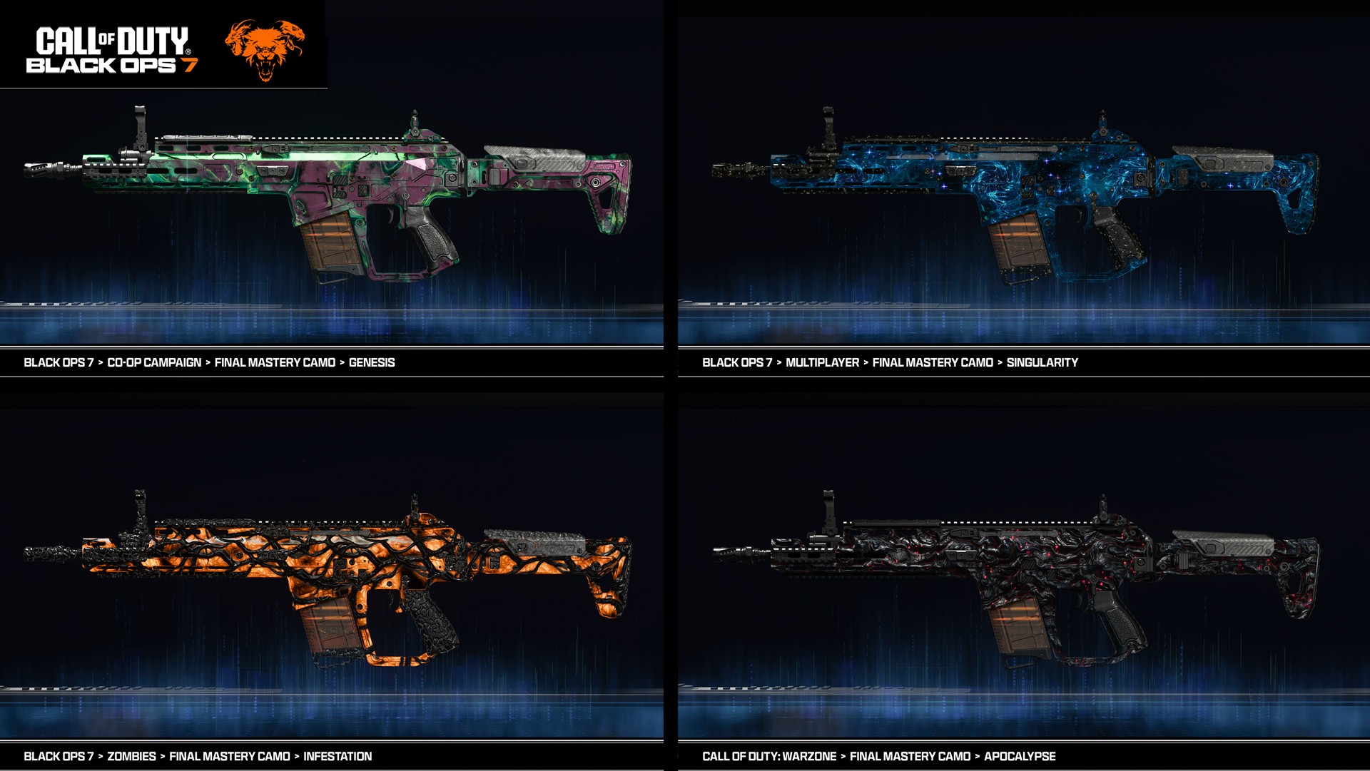 The four final Mastery Camos from Black Ops 7