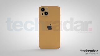 Un'impressione artistica dell'iPhone 13 in arancione che mostra il design del retro del telefono