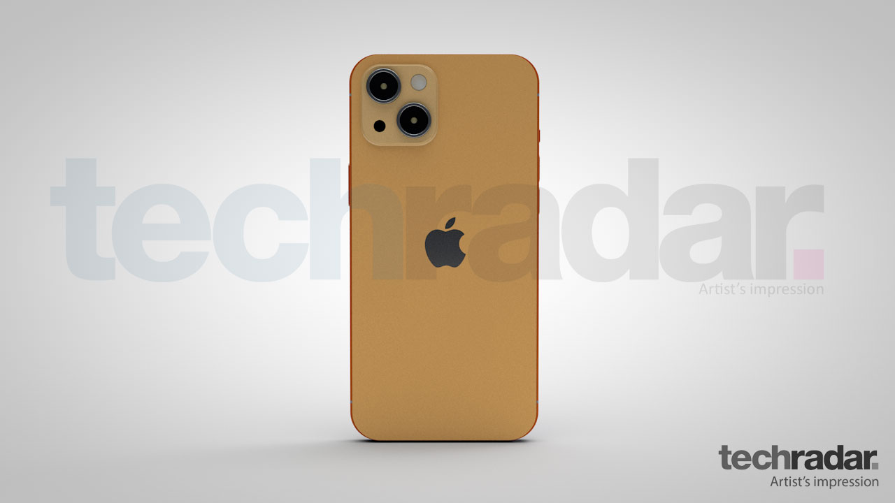 An artist's impression of the iPhone 13 in orange showing the rear design of the phone